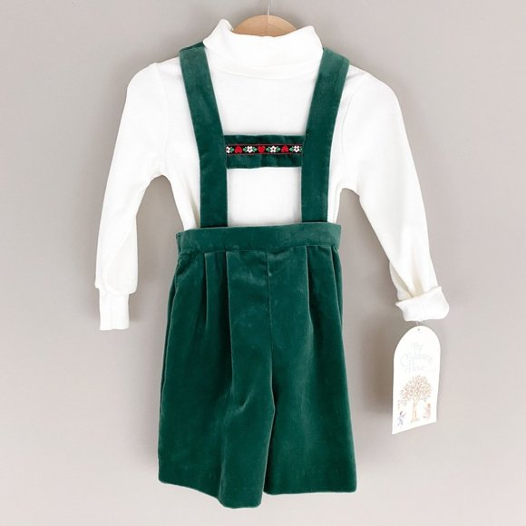 Vintage Jan Briggs Green Velvet Overall Dress Shorts White Turtleneck 2T NWT - Picture 1 of 4